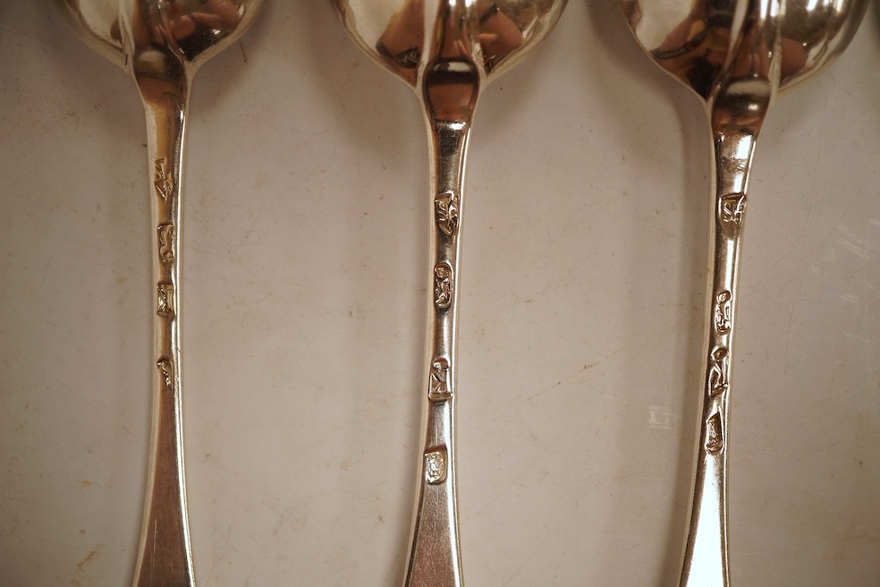 A set of five George I silver Hanoverian rat-tail pattern table spoons by Samuel Hitchcock, London, 1725 and four George IV silver fiddle pattern table forks, with engraved initial and crest, William Bateman, London, 182